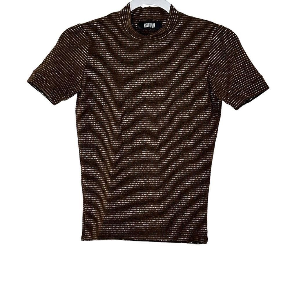 Reformation Blouse Womens High Neck Brown/gold Small Stretch Short Sleeve